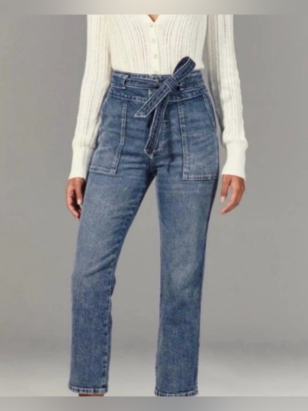 Abercrombie & Fitch Mom High Rise Belted Front Tie Blue Denim Jeans Size 26/2